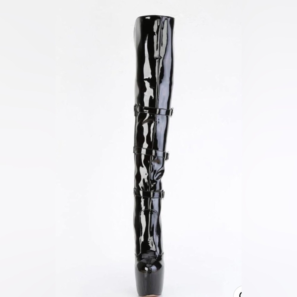 Pleaser Jubilant 3018 Black Stiletto Patent Thigh-High Boots 7 - Picture 3 of 6
